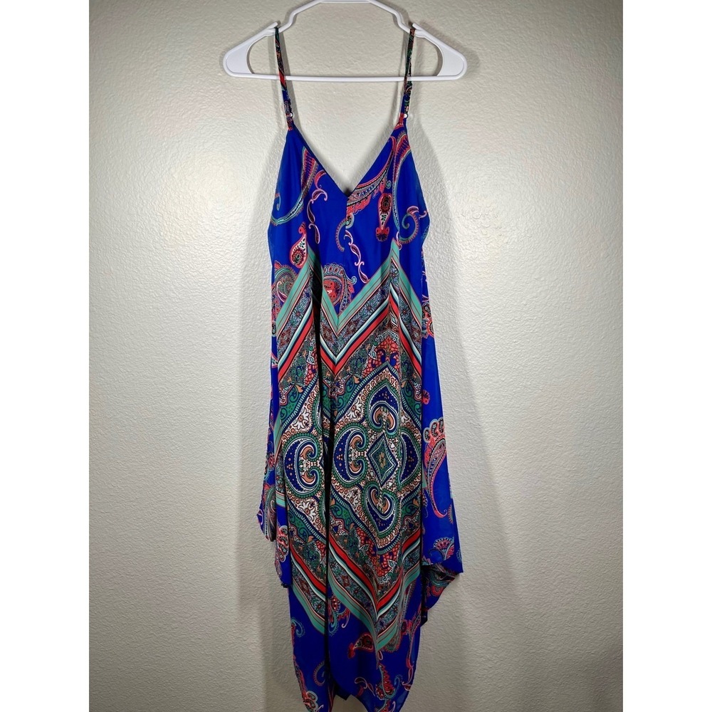 MY Michelle Blue Paisley Print Spaghetti Strap Midi Dress Sz L handkerchief boho